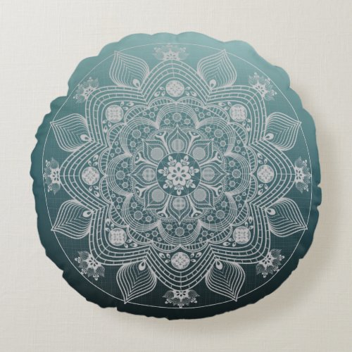 Flowers Leaves White Lace Floral Mandala on Teal Round Pillow