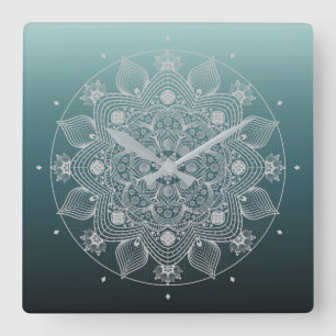 Flowers, Leaves, White Lace Floral Mandala on Teal Square Wall Clock