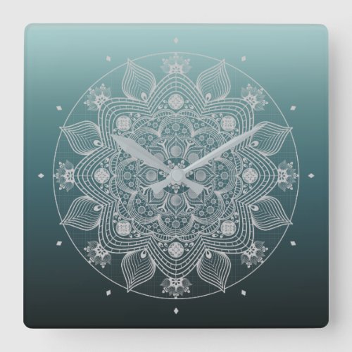 Flowers Leaves White Lace Floral Mandala on Teal Square Wall Clock