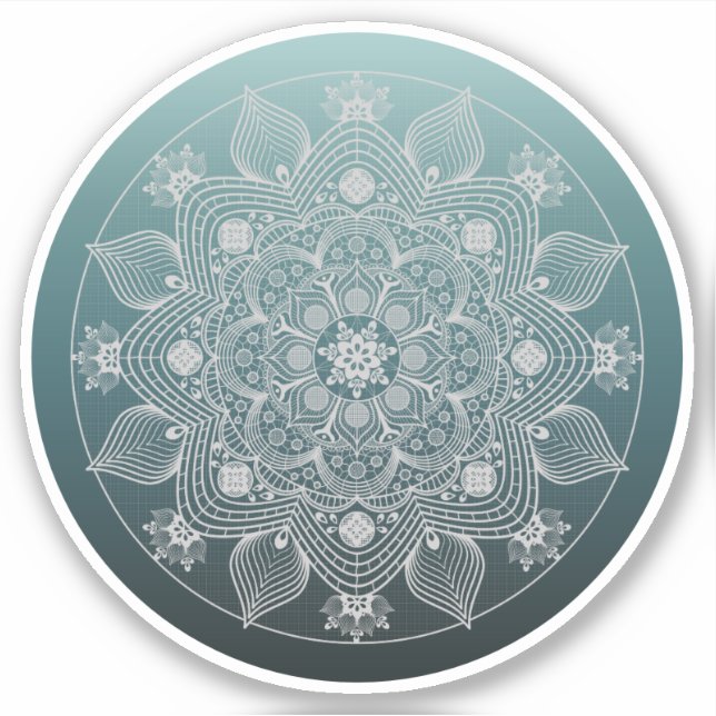 Flowers, Leaves, White Lace Floral Mandala on Teal Sticker (Front)