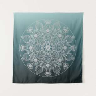 Flowers, Leaves, White Lace Floral Mandala on Teal Tapestry