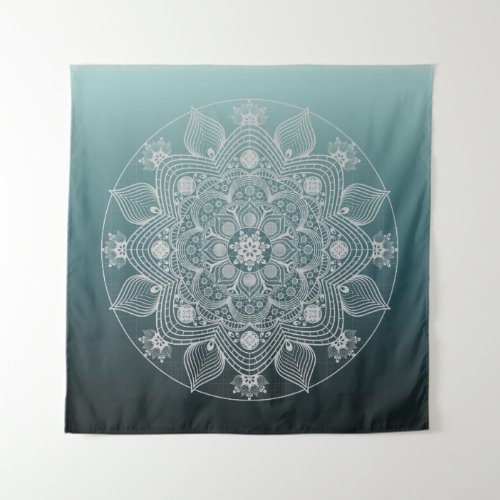 Flowers Leaves White Lace Floral Mandala on Teal Tapestry