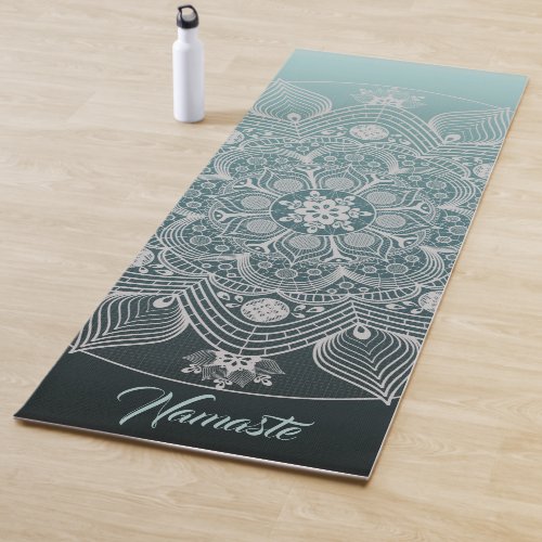 Flowers Leaves White Lace Floral Mandala on Teal Yoga Mat