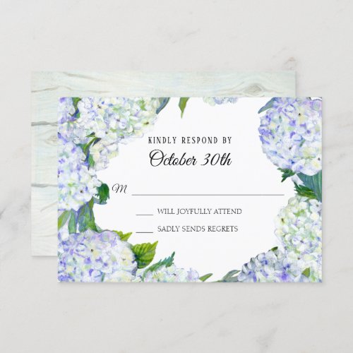 Flowers Lilac White Hydrangea w Wood RSVP Wedding Invitation