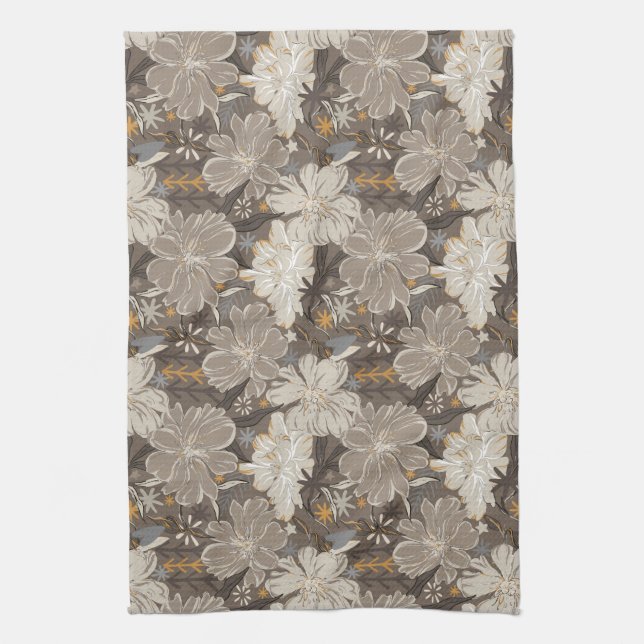 Flowers line drawing gray, white, & hints of tan  kitchen towel (Vertical)