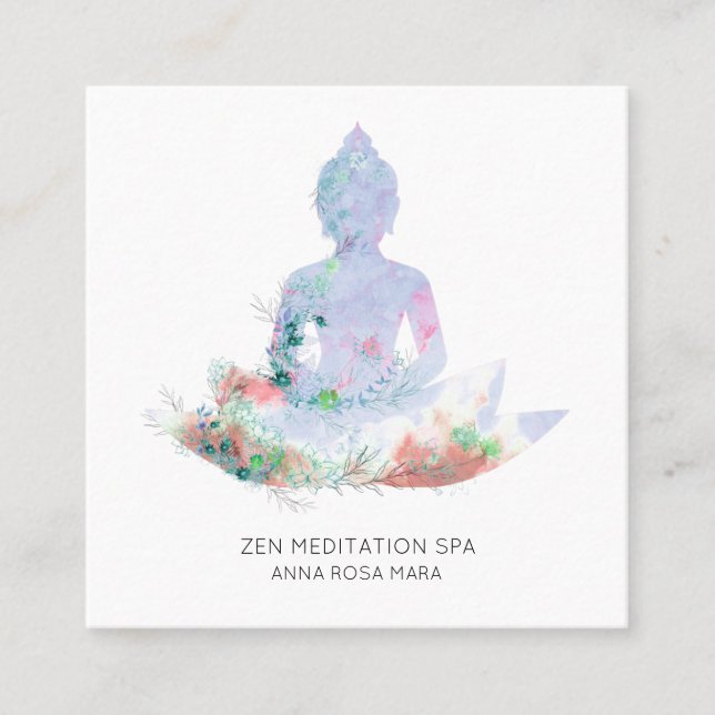 *~*  Flowers Lotus Buddha Meditation QR  AP33 Square Business Card (Front)