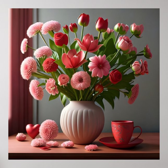 flowers love valentines day bouquets red pink poster (Front)