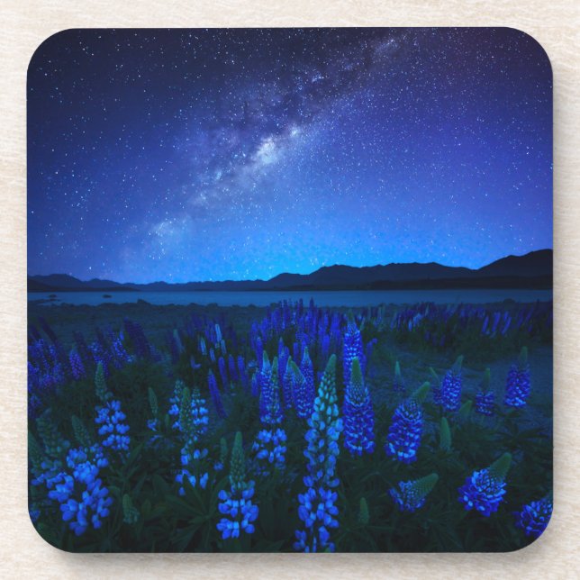 Flowers | Lupines Blooming  at Night Lake Tekapo Beverage Coaster (Front)