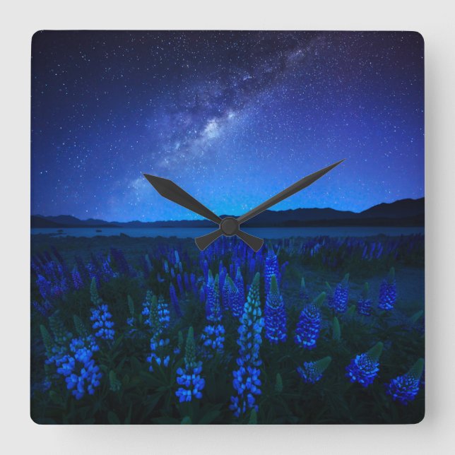 Flowers | Lupines Blooming  at Night Lake Tekapo Square Wall Clock (Front)