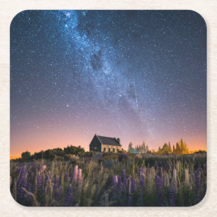 Flowers   Lupines Blooming Lake Tekapo New Zealand Square Paper Coaster