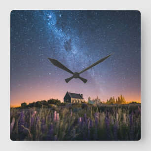 Flowers   Lupines Blooming Lake Tekapo New Zealand Square Wall Clock