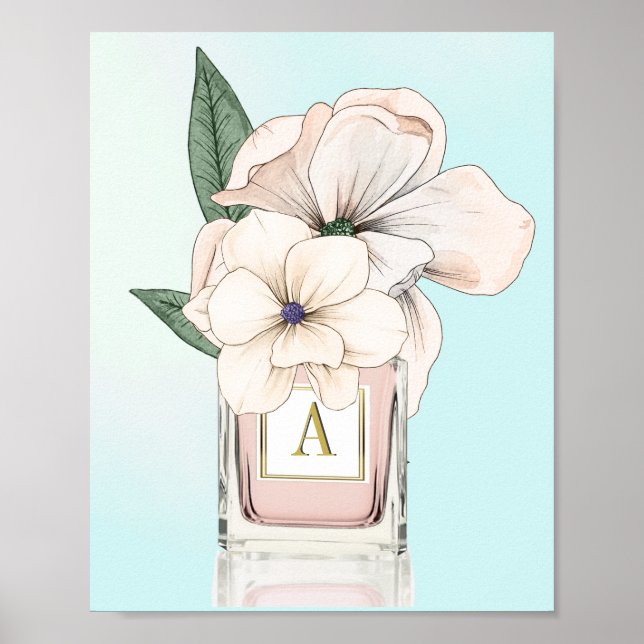 Flowers Magnolia Elegant Perfume Bottle Monogram  Poster (Front)