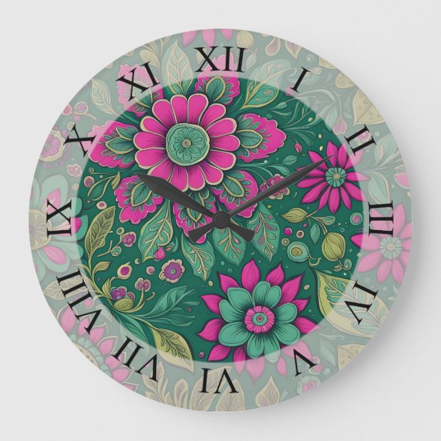 Flowers Mandala Blossoms pink green Large Clock (Front)