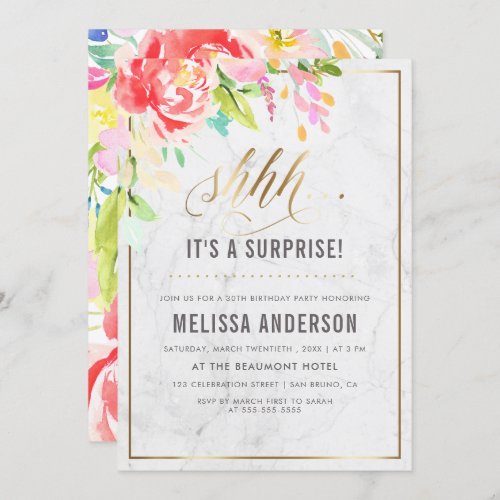 Flowers & Marble | Gold Surprise Birthday Party Invitation - Personalize these Flowers & Marble | Gold Surprise Birthday Party invitations by Eugene Designs. These "Shhh... it's a surprise!" birthday party invitations feature a classic white marble background with an elegant gold border, watercolor floral display, stylish faux gold foil "shhh..." script and a modern birthday party typography template. Choose from Zazzle's wide range of paper stock to suit your personal needs.