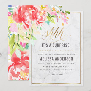 Flowers & Marble Gold Surprise Birthday Party Invitation