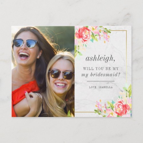 Flowers  Marble Photo Will You Be My Bridesmaid Invitation Postcard