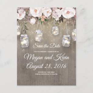 Flowers Mason Jar Lights Rustic Save the Date Announcement Postcard