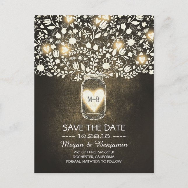 Flowers mason jar yellow rustic save the date announcement postcard (Front)