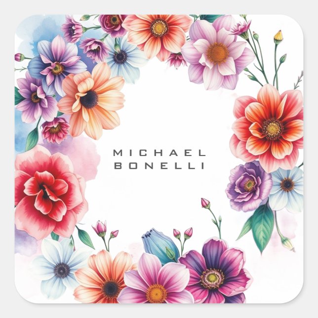 Flowers Modern Own Name Professional Square Sticker (Front)