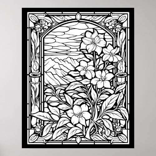 Flowers  Mountains Stained Glass Window Coloring Poster