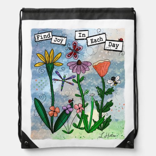 Flowers Musical Notes and Joy Artwork Drawstring Bag