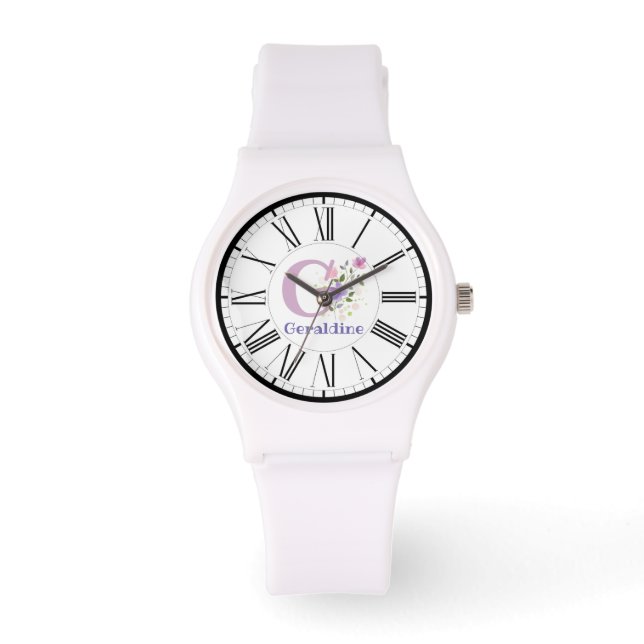 Flowers, Name & Initial on a Personalised Ladies Watch (Front)