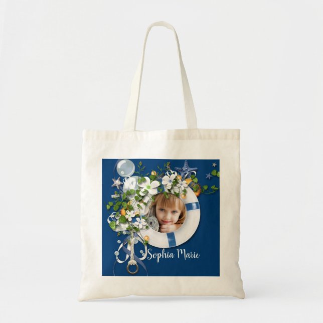 Flowers & Nautical Life Saver Photo Tote Bag (Front)