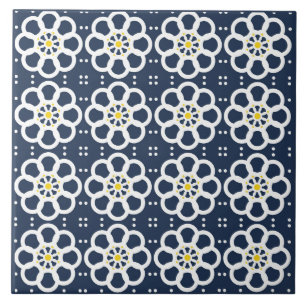 Flowers, navy blue, white, yellow accents, dots ceramic tile