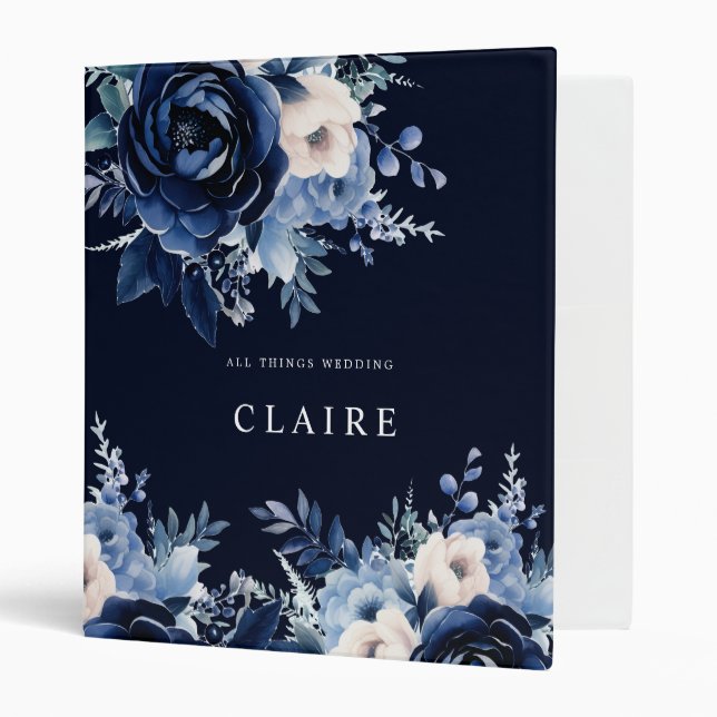 Flowers of Blue Wedding Navy 3 Ring Binder (Front/Inside)
