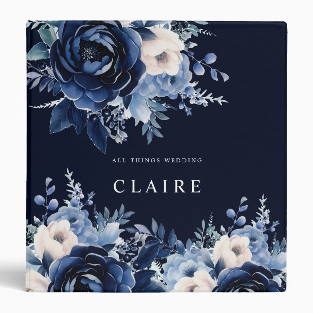 Flowers of Blue Wedding Navy 3 Ring Binder (Front)
