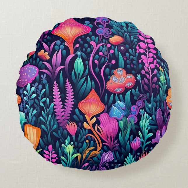 Flowers of the Sea - Aqua Flora Round Pillow (Front)