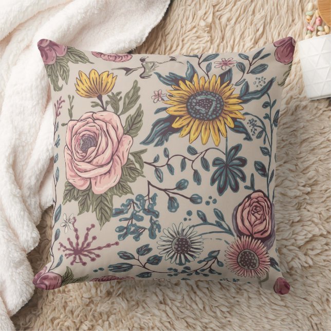 Flowers on a beige background throw pillow (Blanket)
