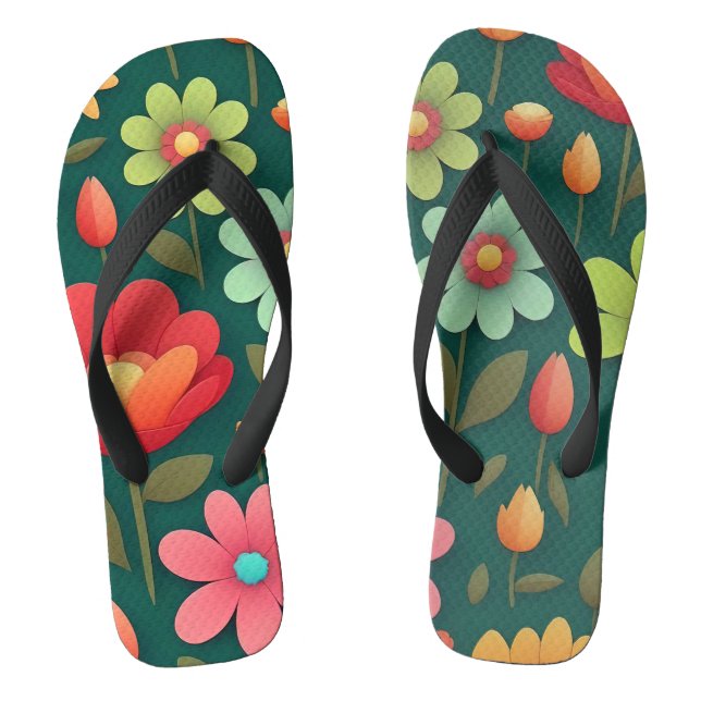 Flowers on a green background pattern flip flops (Footbed)