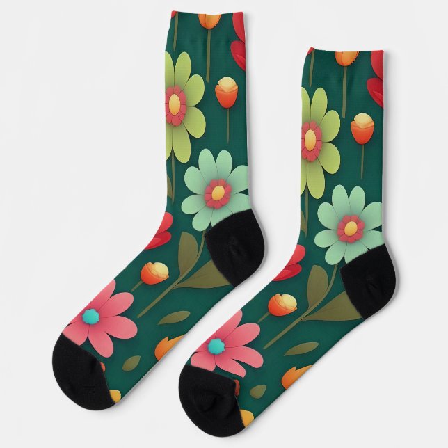 Flowers on a green background pattern socks (Left)