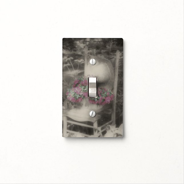 Flowers On Antique Chair In Black And White Light Switch Cover (In Situ)