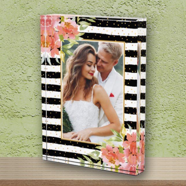 Flowers on Black White Stripes Photo Block (Creator Uploaded)