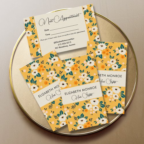 Flowers on Gold Salon Hair Stylist Makeup Appointment Card