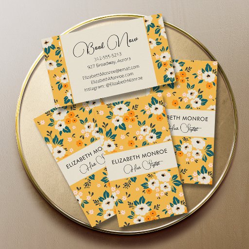 Customizable Flowers on Gold Salon Hair Stylist Makeup Business Card