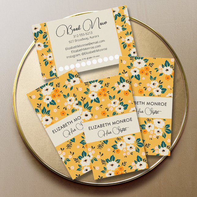 Flowers on Gold Salon Hair Stylist Makeup Loyalty Business Card (Creator Uploaded)