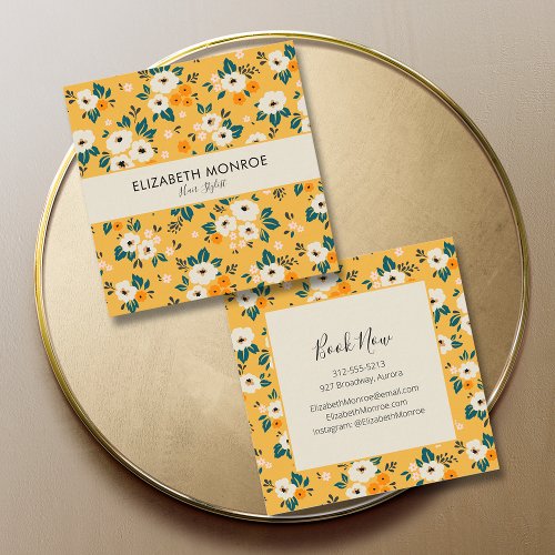 Flowers on Gold Salon Hair Stylist Makeup Square Business Card