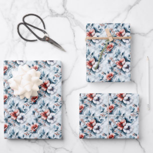 Flowers on Gray & White Marble Wrapping Paper Sheets