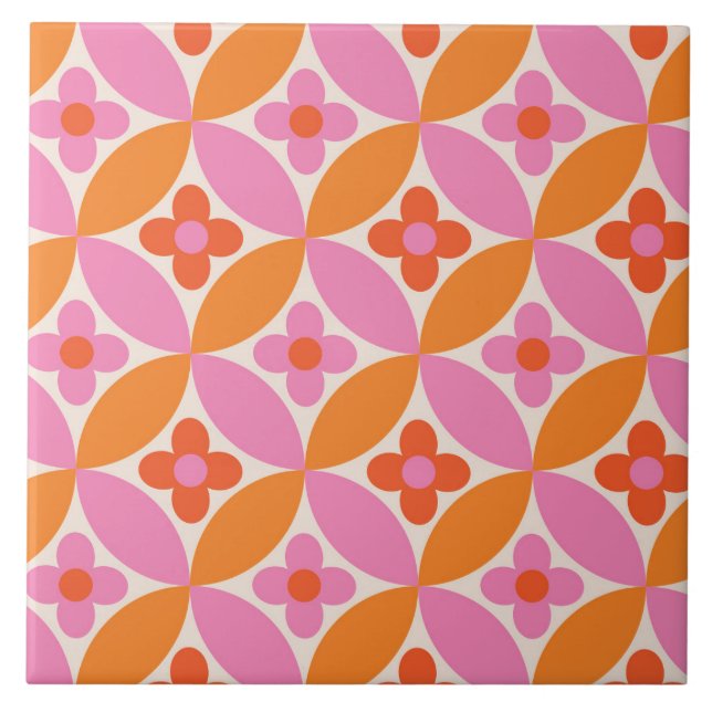  Flowers on Mid Century Pink Orange  Circles  Ceramic Tile (Front)