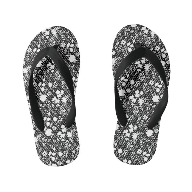 Flowers on net 01.bx4 Black BG Kid's Flip Flops (Footbed)