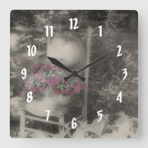 Flowers On Old Wooden Chair Square Wall Clock