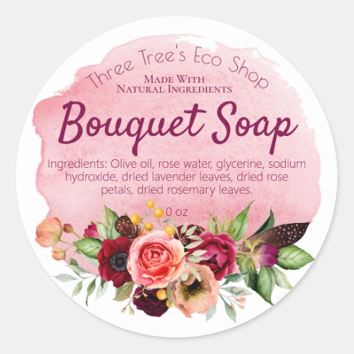Flowers On Pink Watercolor Soap Handmade Business Classic Round Sticker