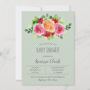 Flowers on Sage Green Unisex Baby Shower Invites