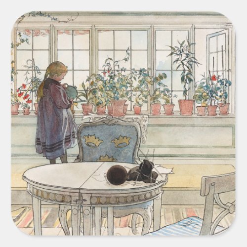 Flowers on the Windowsill 1895 by Carl Larsson Square Sticker