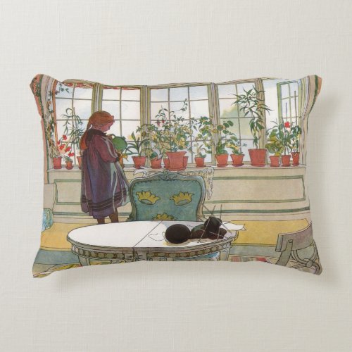 Flowers on the Windowsill by Carl Larsson Accent Pillow