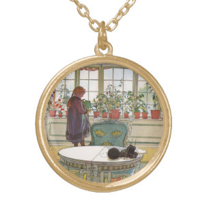 Flowers on the Windowsill by Carl Larsson Gold Plated Necklace