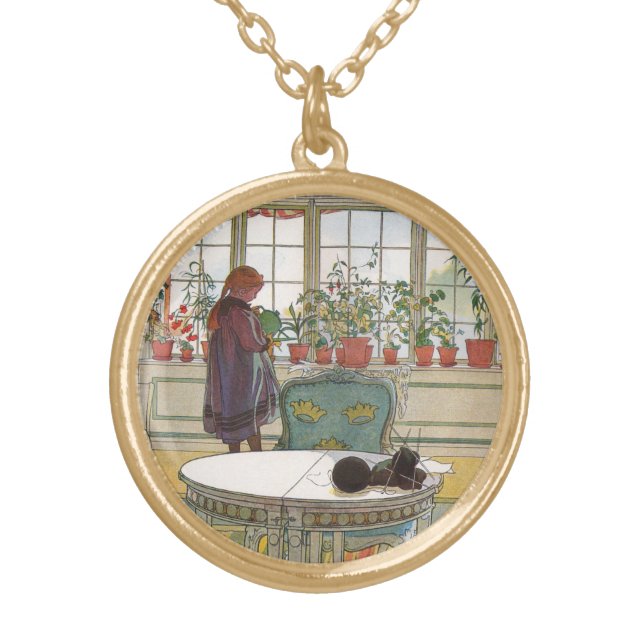 Flowers on the Windowsill by Carl Larsson Gold Plated Necklace (Front)